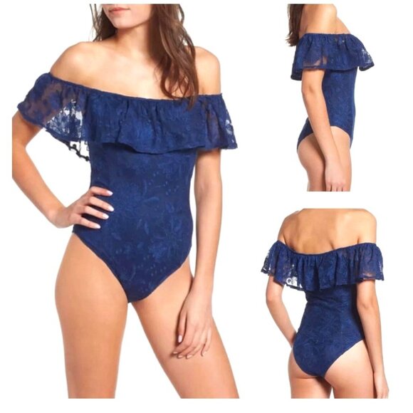 Band of Gypsies Midnight Blue Floral Lace off the Shoulder Boho Bodysuit - Picture 1 of 9